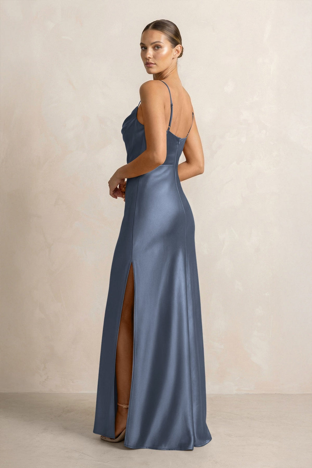 Spaghetti Strap Satin Sheath Bridesmaid Dress in Neptune
