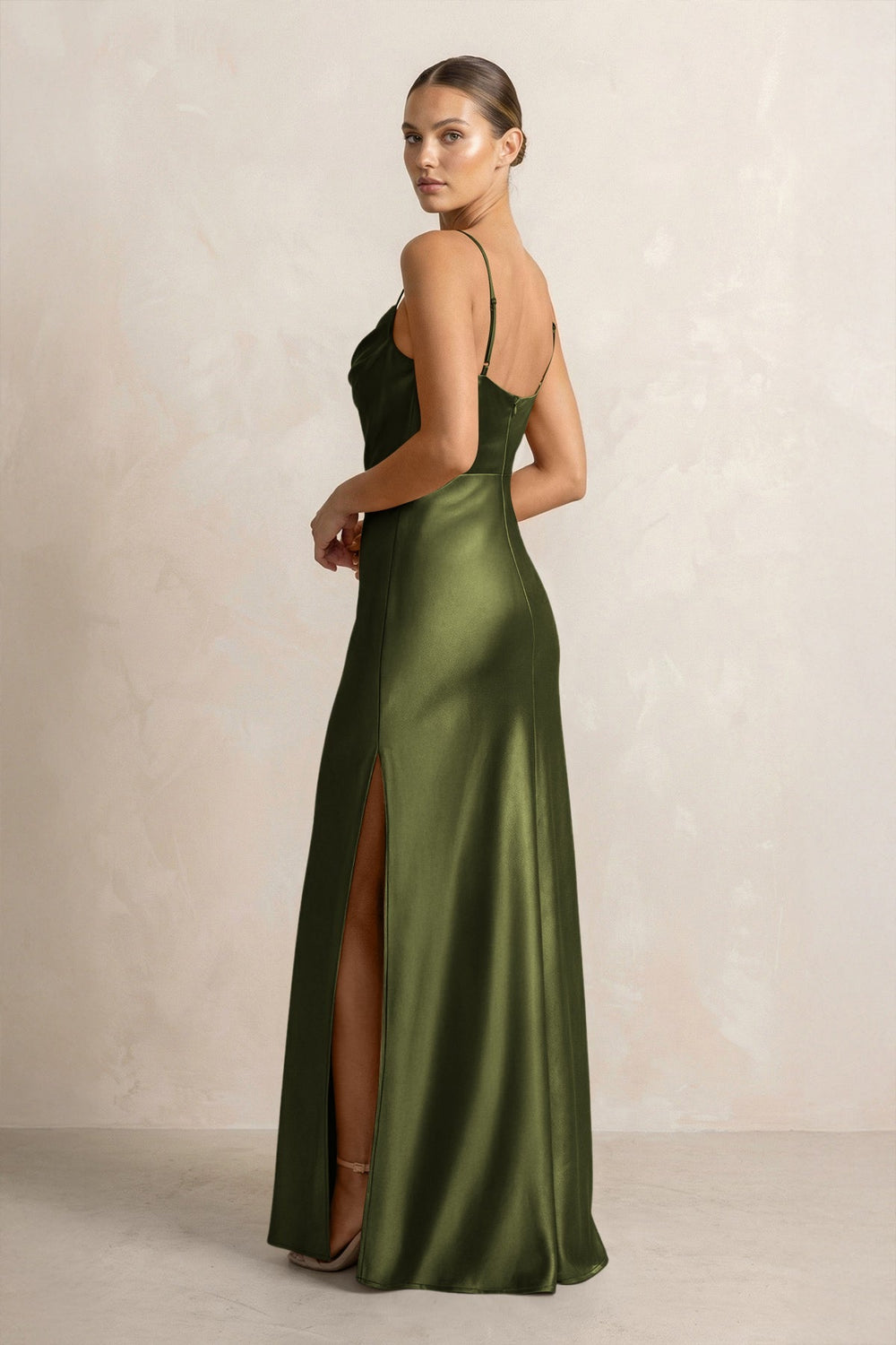 Spaghetti Strap Satin Sheath Bridesmaid Dress in Olive