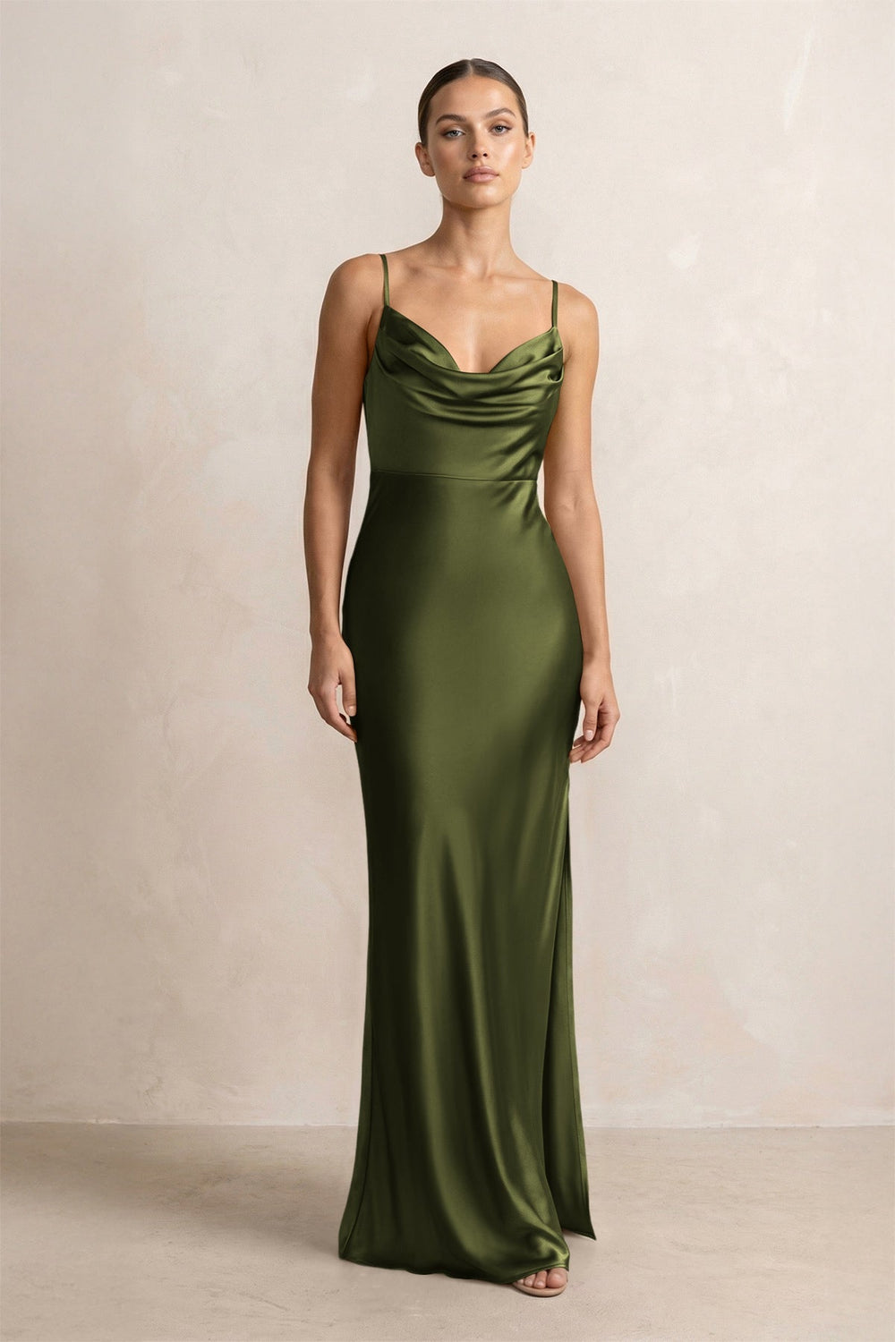 Spaghetti Strap Satin Sheath Bridesmaid Dress in Olive