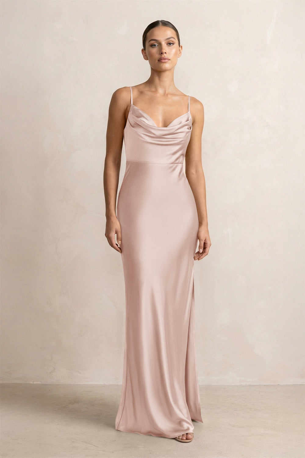 Spaghetti Strap Satin Sheath Bridesmaid Dress in Pale Blush