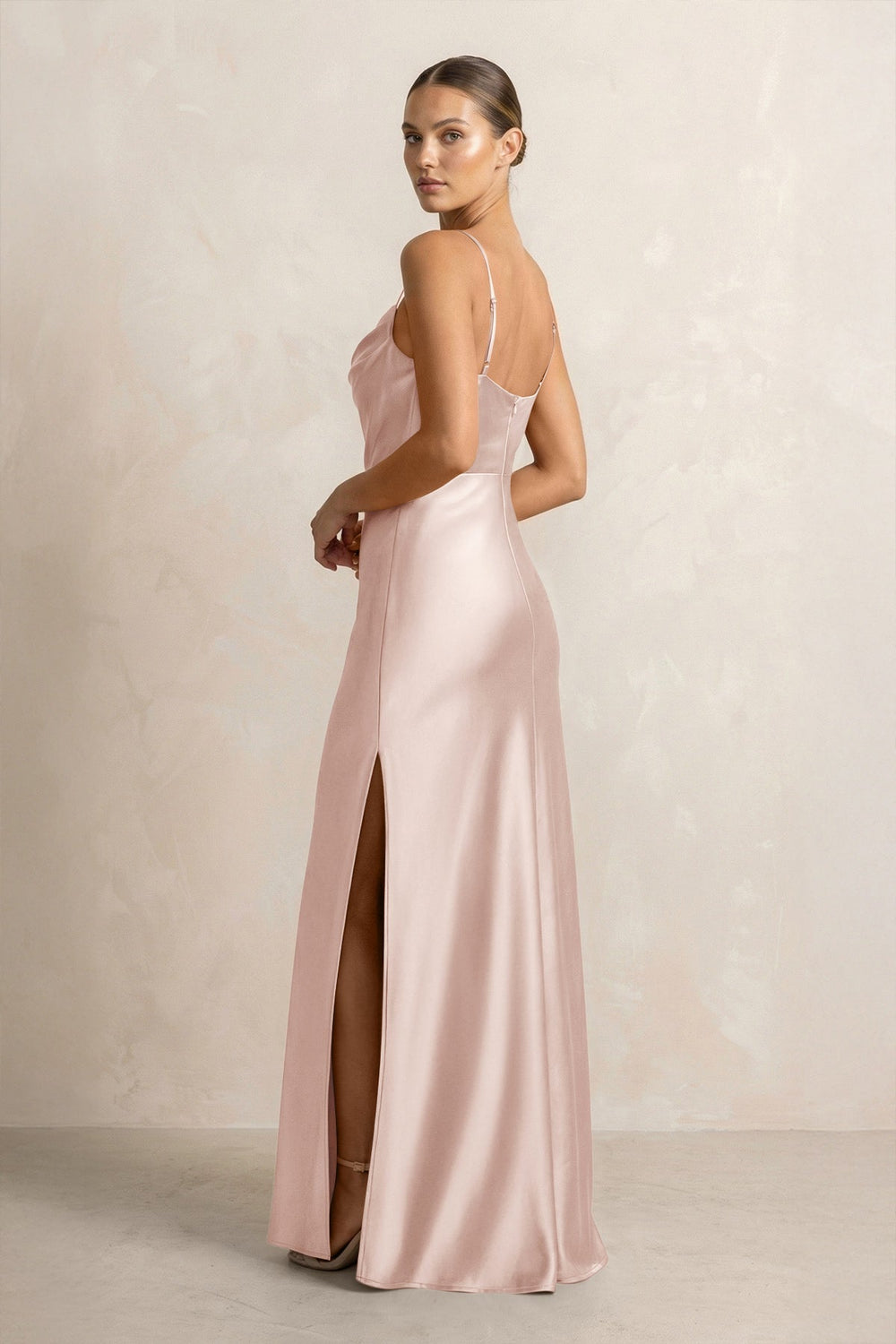 Spaghetti Strap Satin Sheath Bridesmaid Dress in Pale Blush