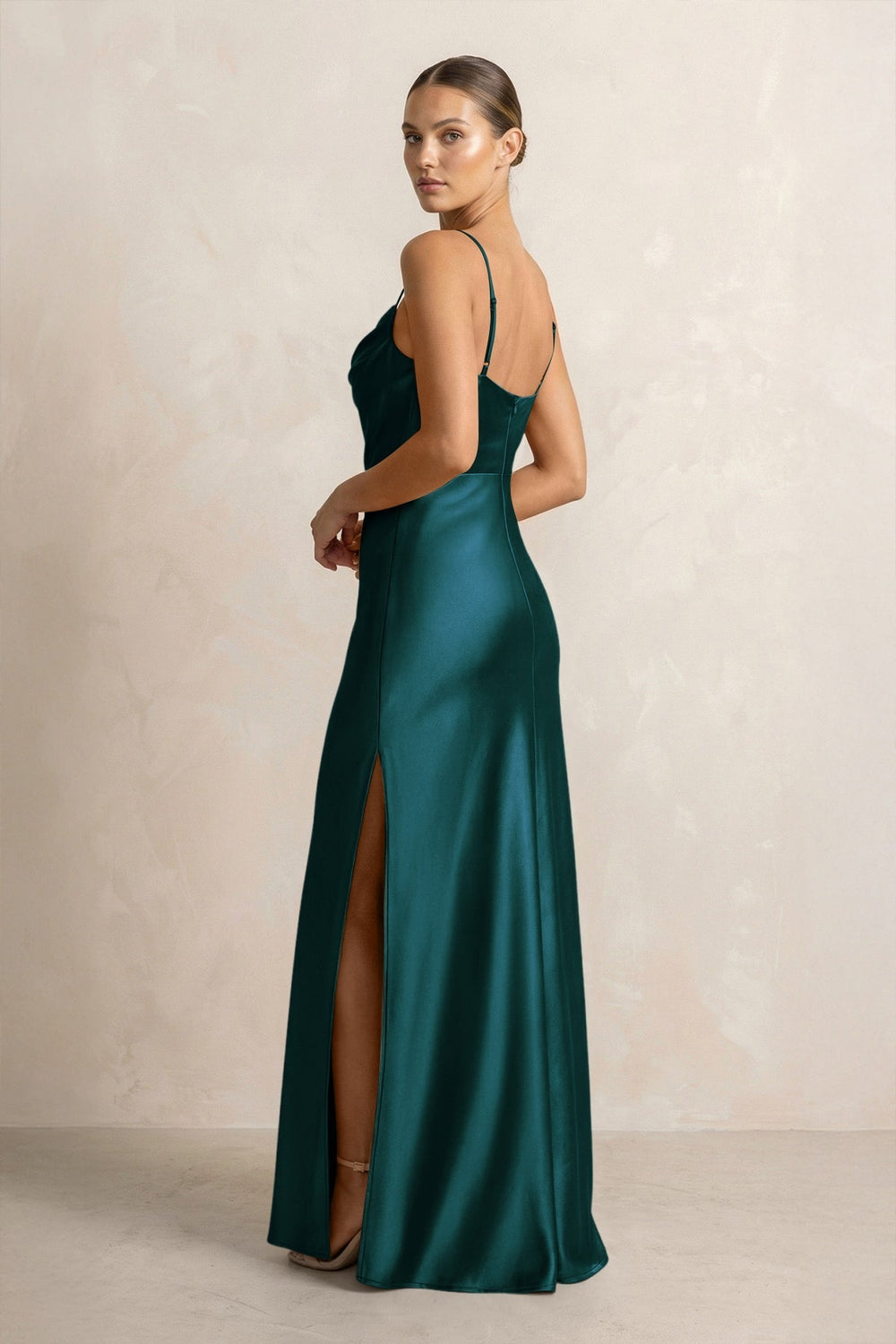 Spaghetti Strap Satin Sheath Bridesmaid Dress in Pine