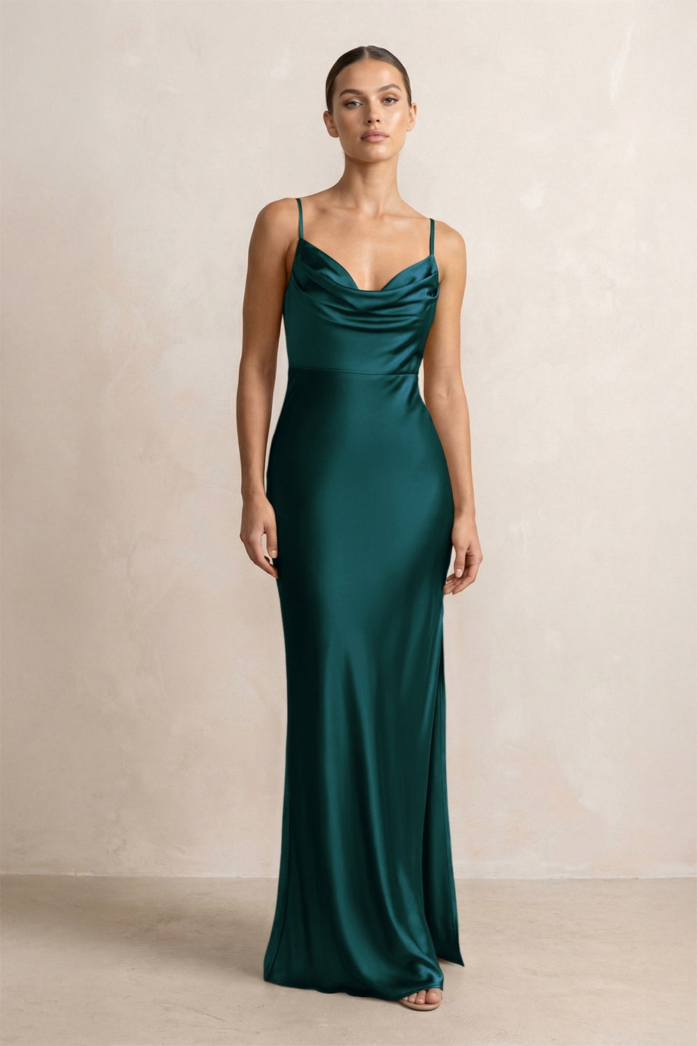 Spaghetti Strap Satin Sheath Bridesmaid Dress in Pine