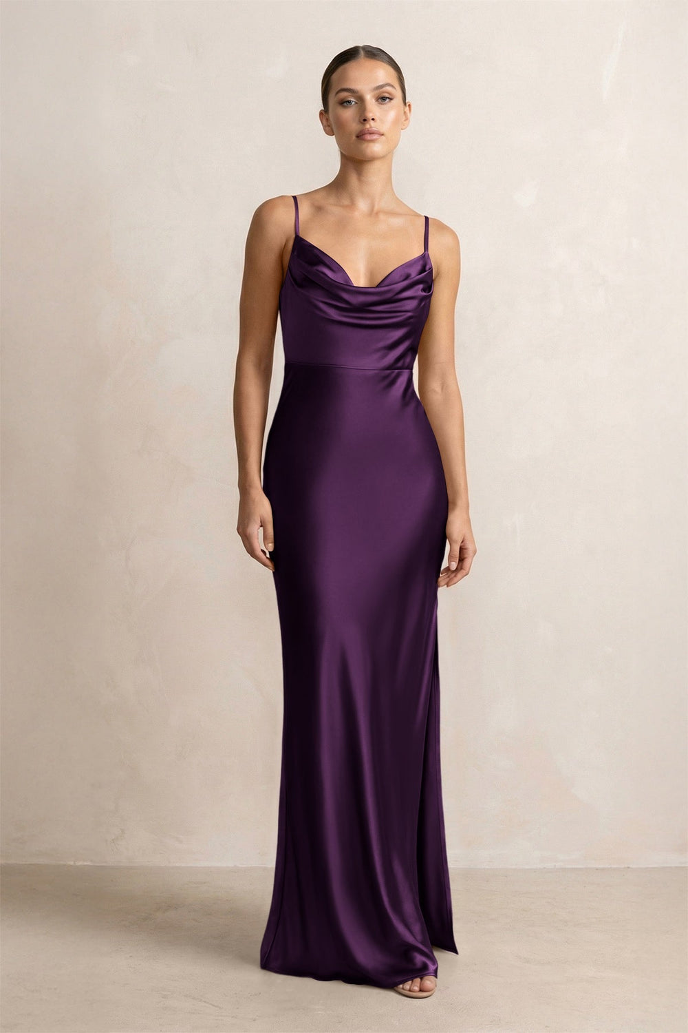Spaghetti Strap Satin Sheath Bridesmaid Dress in Plum
