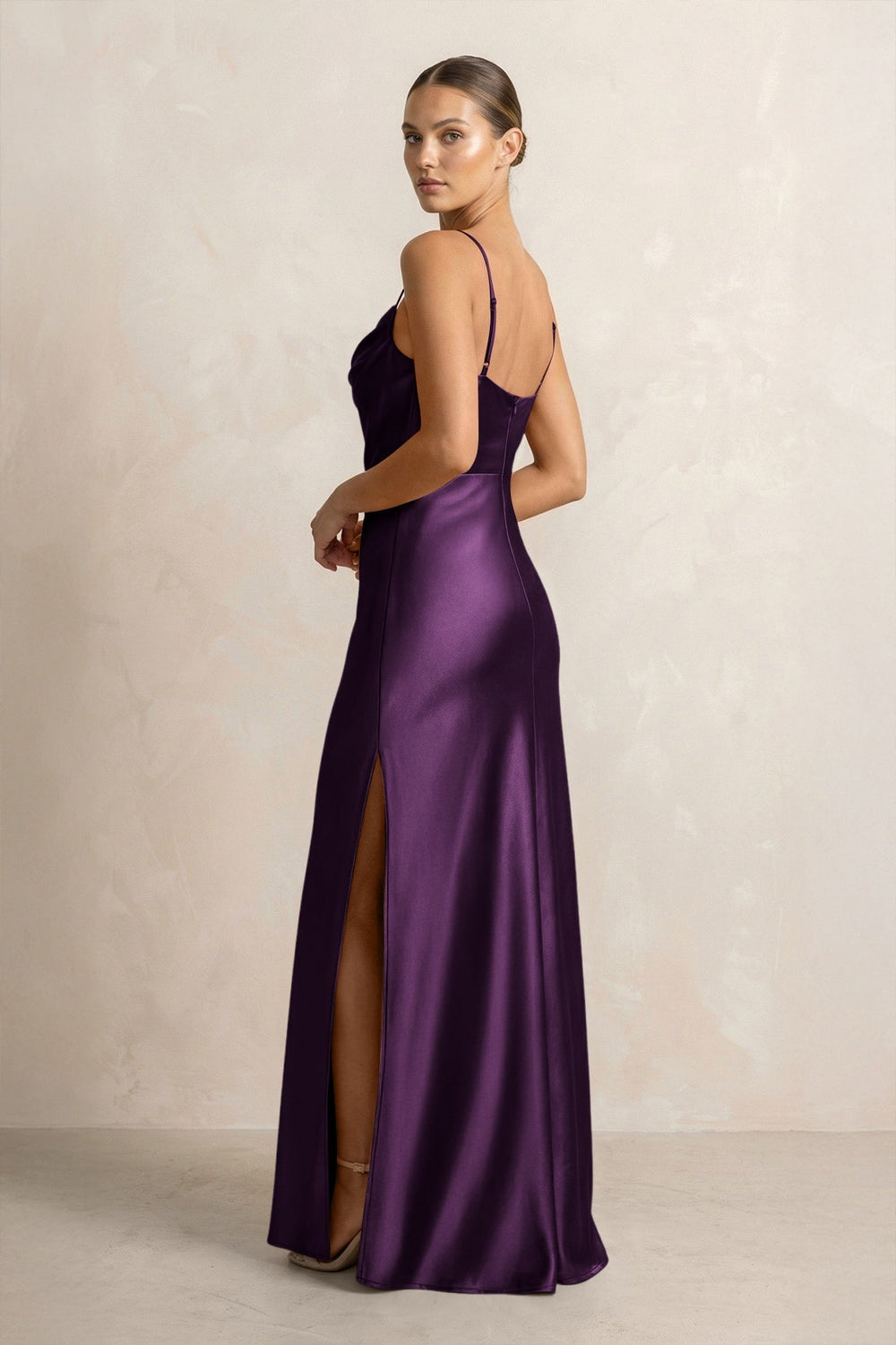Spaghetti Strap Satin Sheath Bridesmaid Dress in Plum