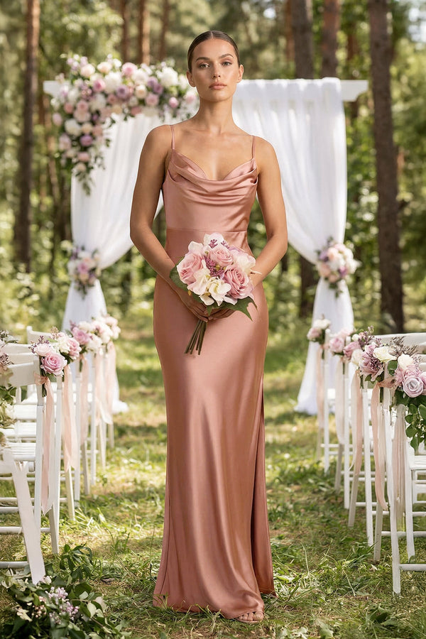 Spaghetti Strap Satin Sheath Bridesmaid Dress in Rosette - KISS BRIDAL Bridesmaid Dresses