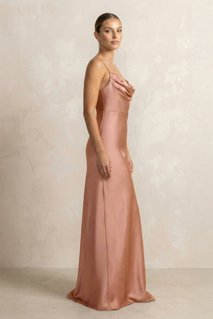 Spaghetti Strap Satin Sheath Bridesmaid Dress in Rosette - KISS BRIDAL Bridesmaid Dresses
