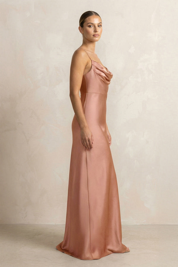 Spaghetti Strap Satin Sheath Bridesmaid Dress in Rosette - KISS BRIDAL Bridesmaid Dresses