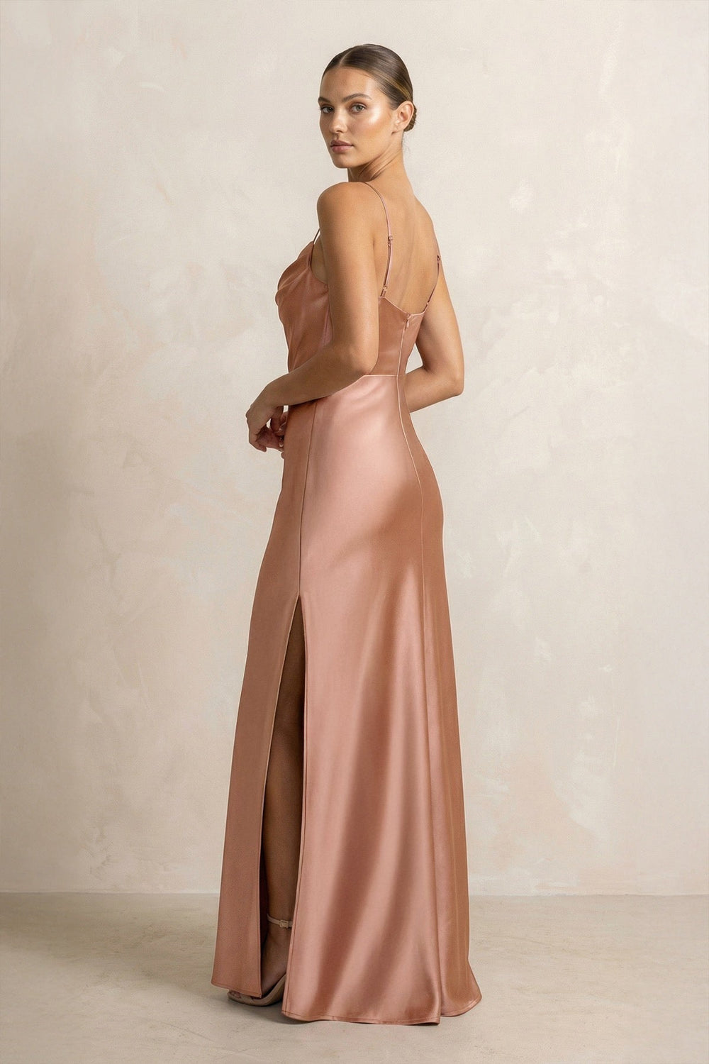Spaghetti Strap Satin Sheath Bridesmaid Dress in Rosette