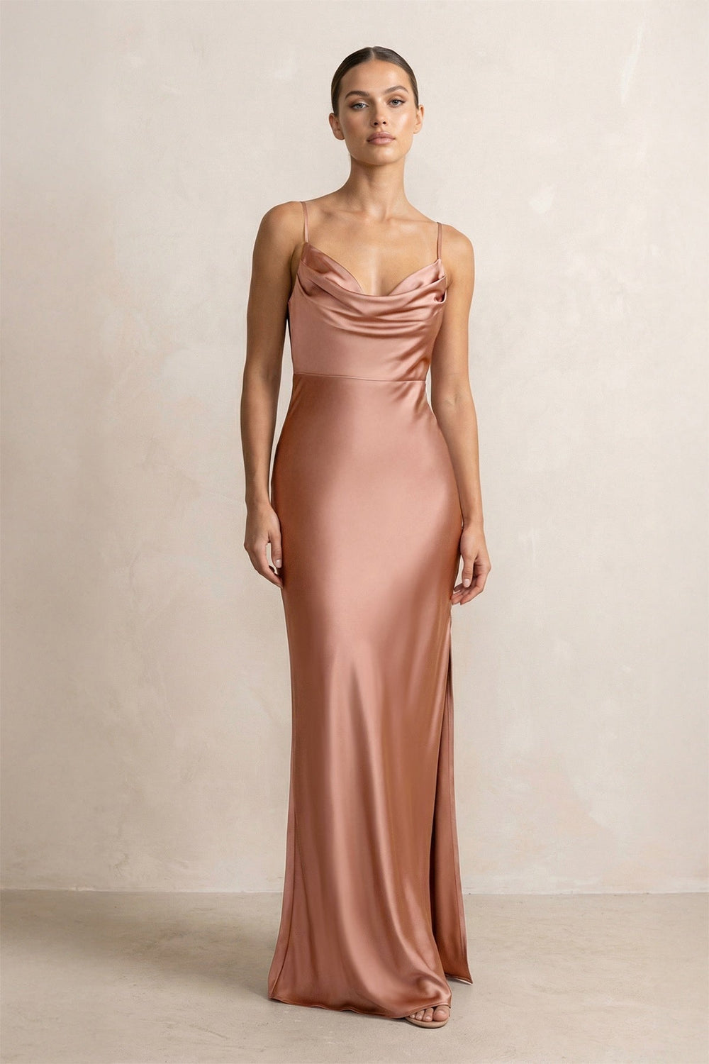 Spaghetti Strap Satin Sheath Bridesmaid Dress in Rosette