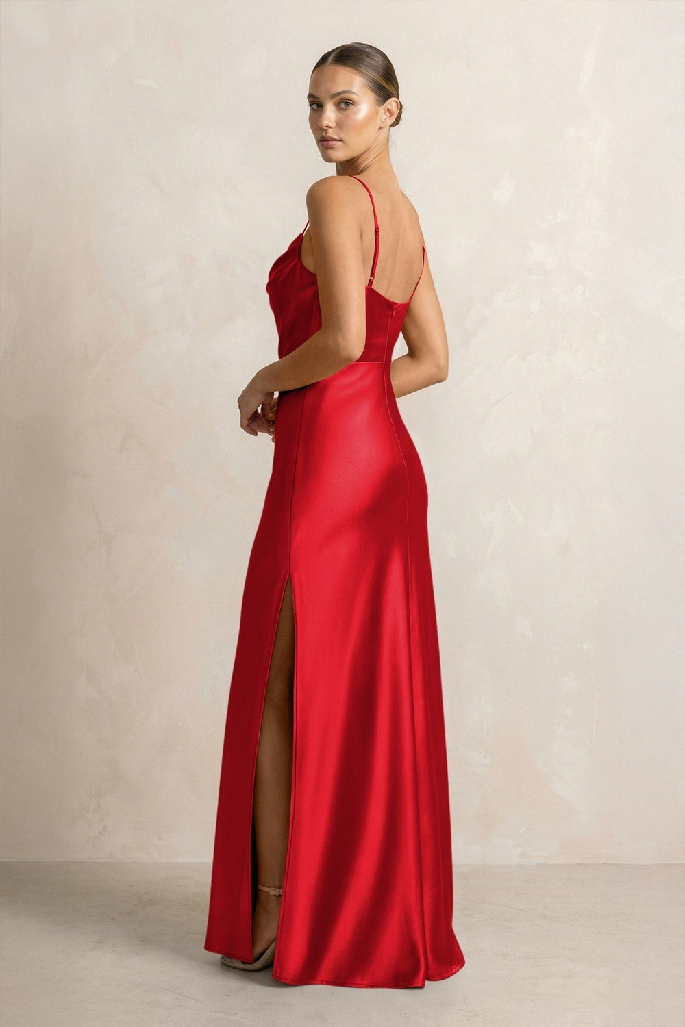Spaghetti Strap Satin Sheath Bridesmaid Dress in Ruby Red