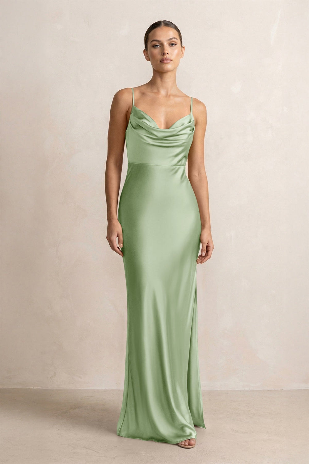 Spaghetti Strap Satin Sheath Bridesmaid Dress in Sage