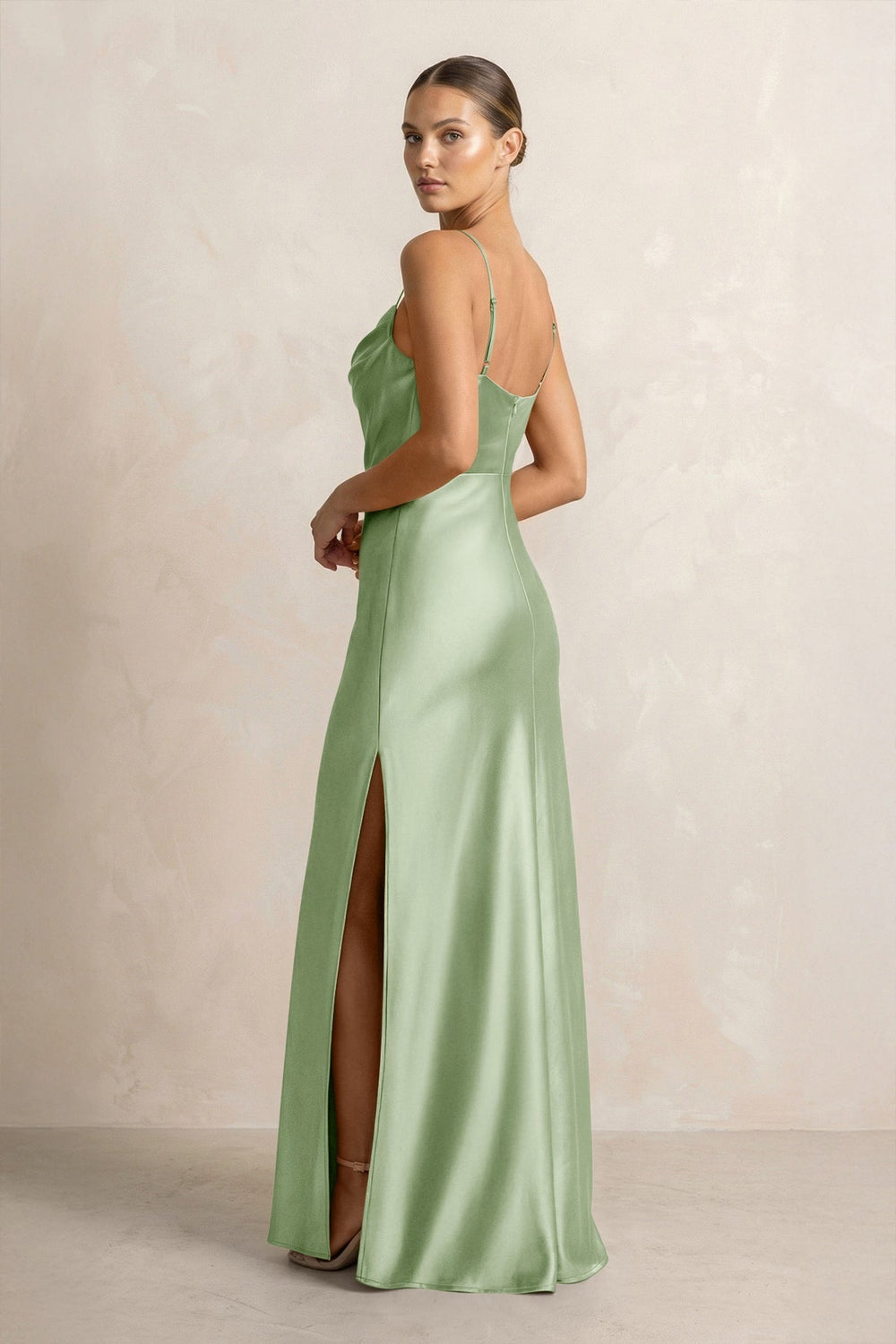 Spaghetti Strap Satin Sheath Bridesmaid Dress in Sage