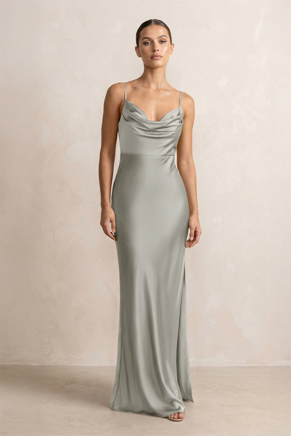 Spaghetti Strap Satin Sheath Bridesmaid Dress in Silver