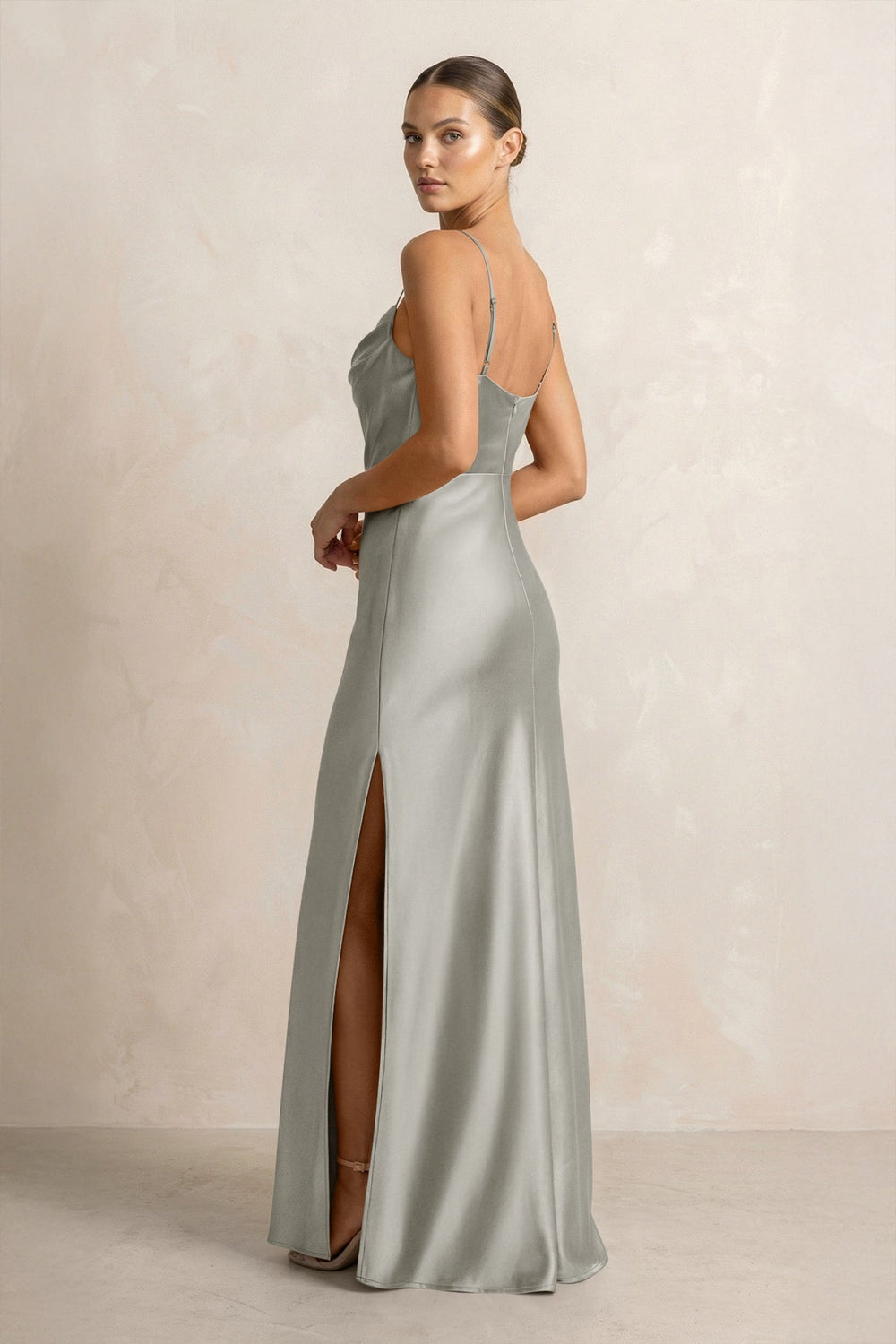 Spaghetti Strap Satin Sheath Bridesmaid Dress in Silver