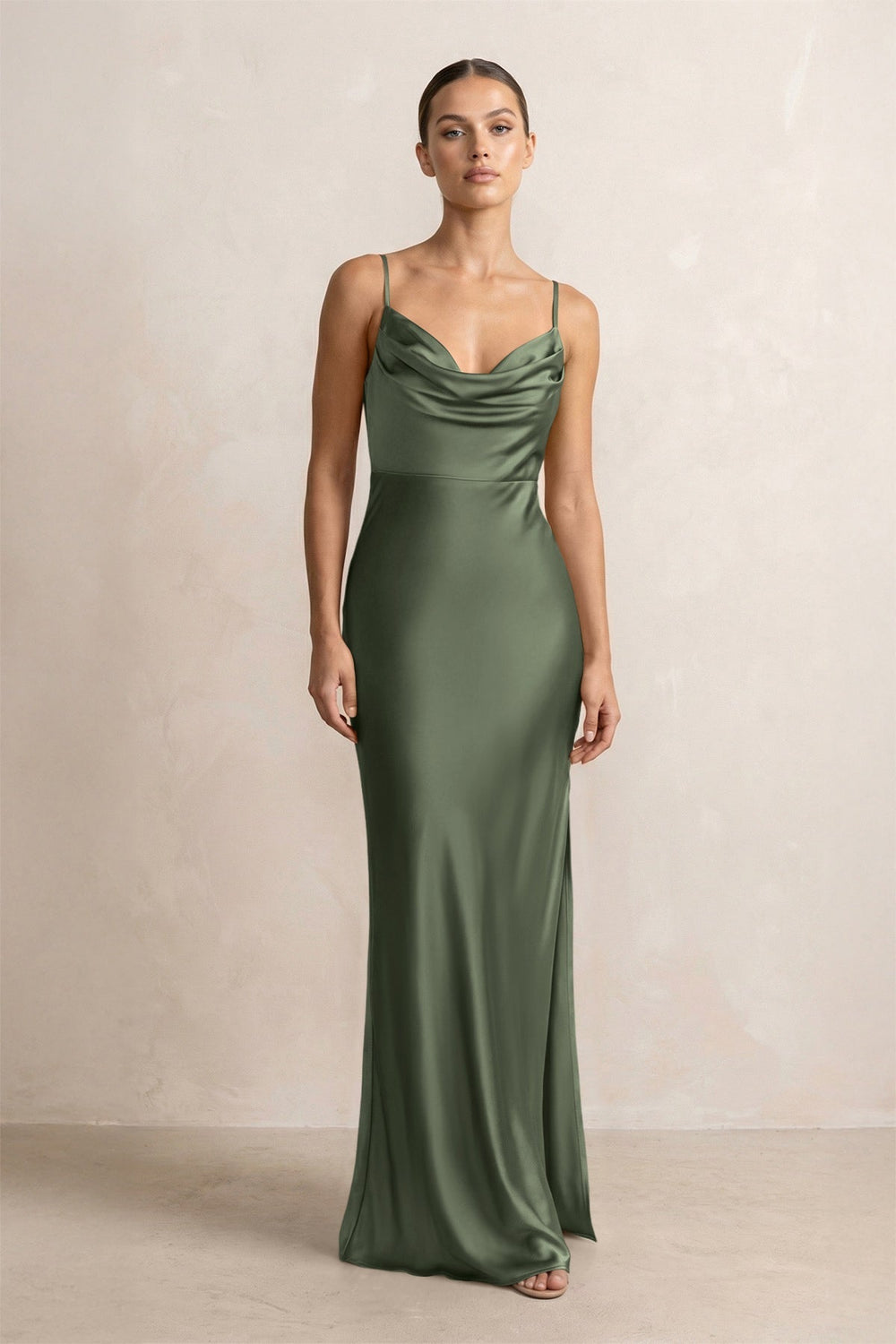 Spaghetti Strap Satin Sheath Bridesmaid Dress in Thyme