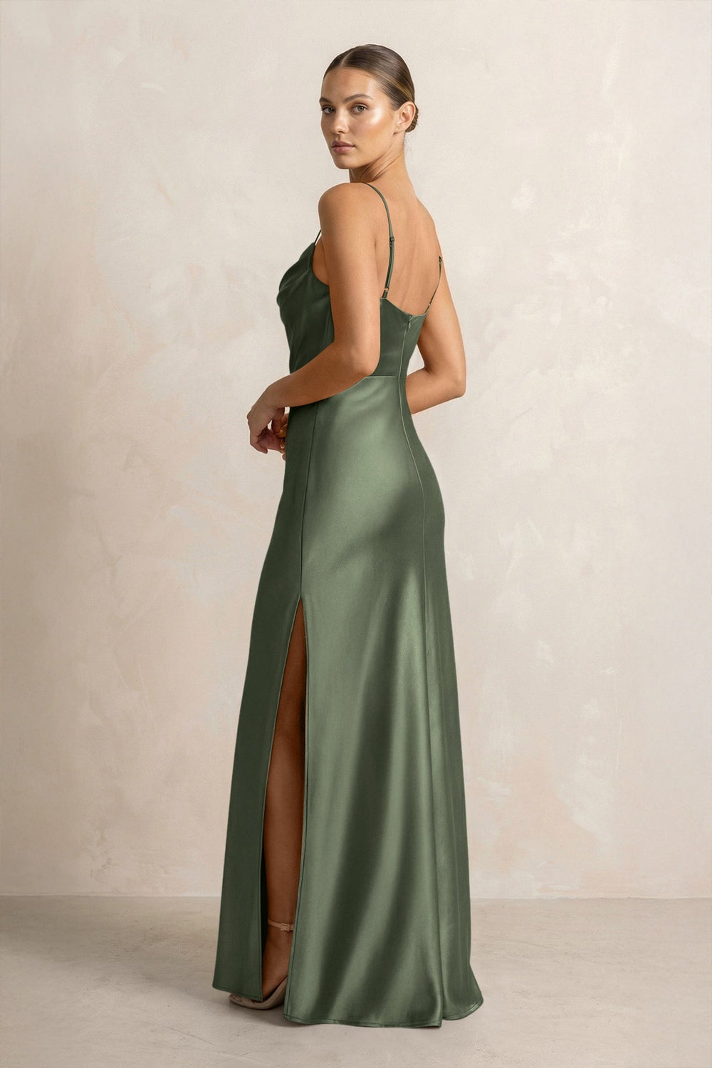 Spaghetti Strap Satin Sheath Bridesmaid Dress in Thyme
