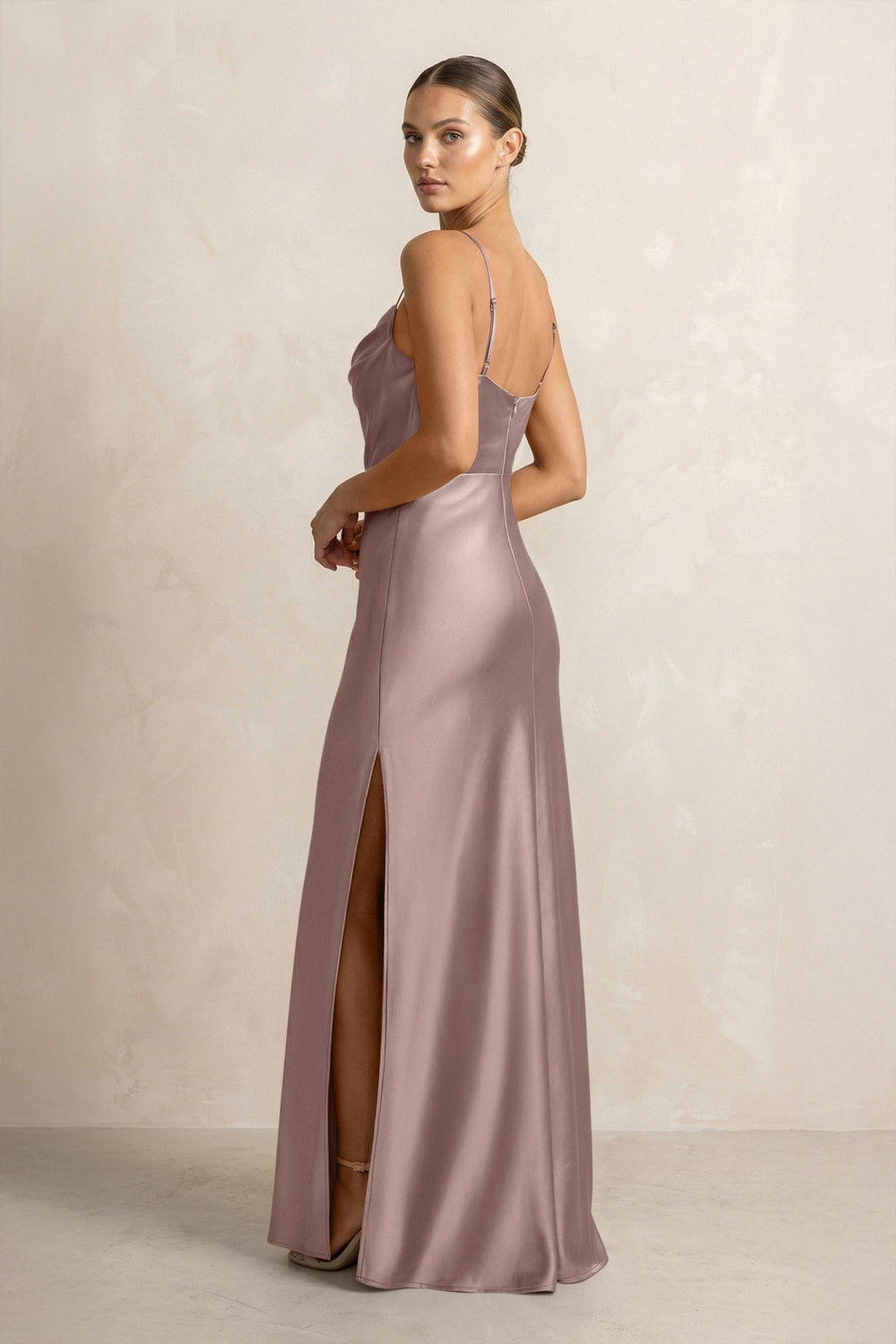 Spaghetti Strap Satin Sheath Bridesmaid Dress in Toffee