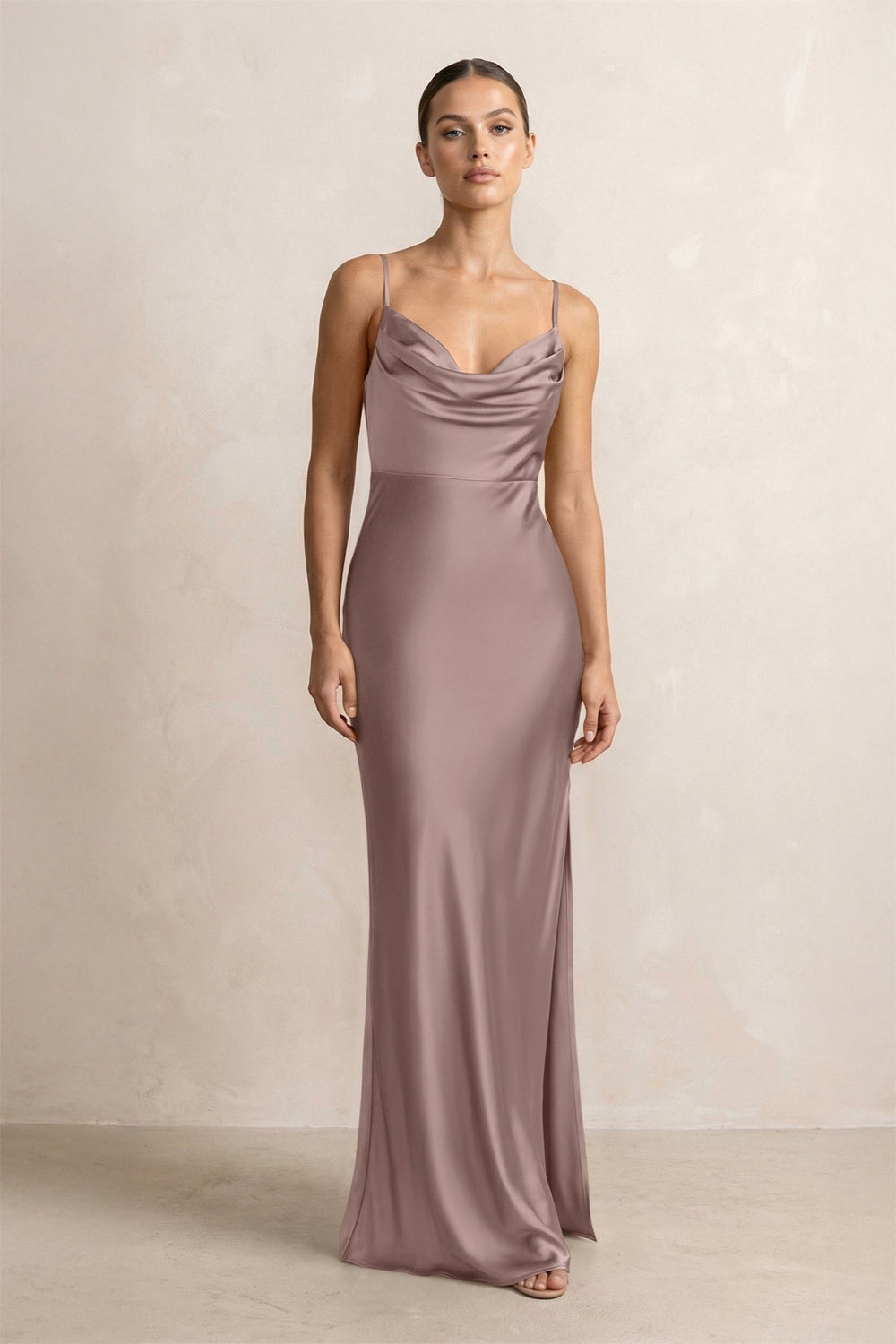 Spaghetti Strap Satin Sheath Bridesmaid Dress in Toffee