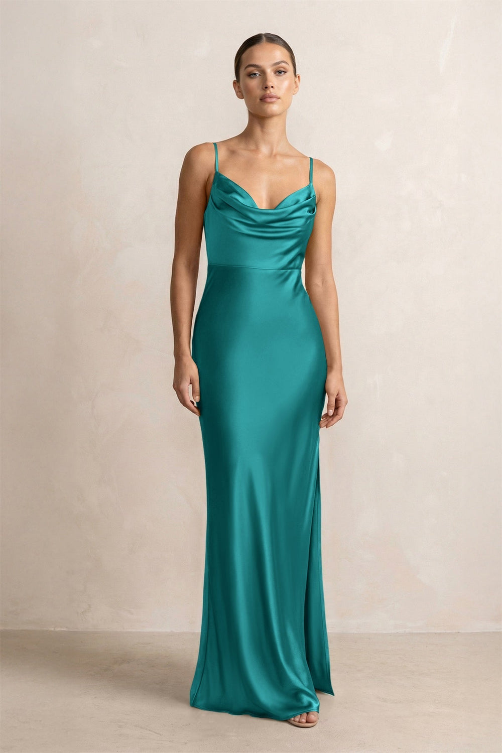 Spaghetti Strap Satin Sheath Bridesmaid Dress in Turquoise