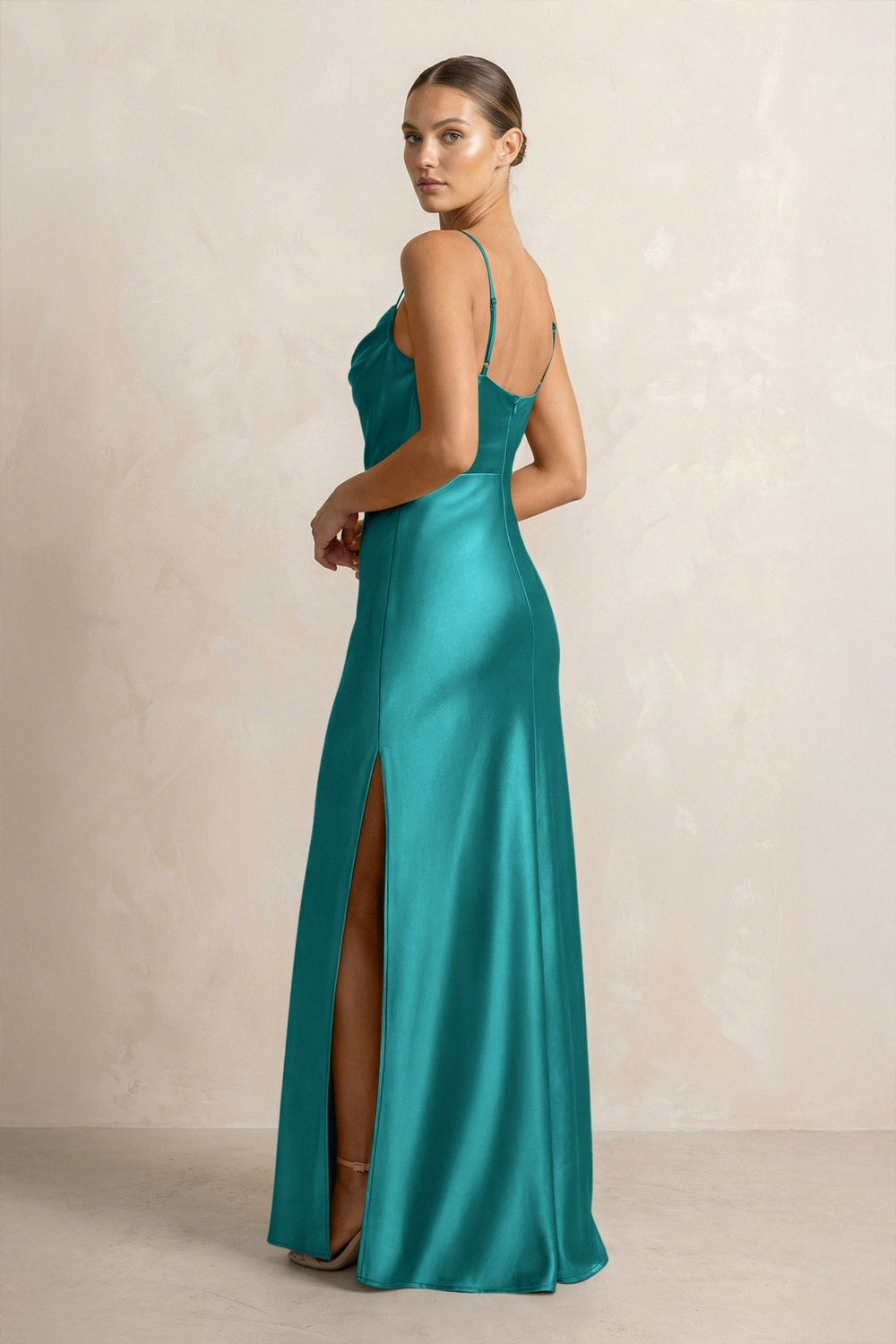 Spaghetti Strap Satin Sheath Bridesmaid Dress in Turquoise