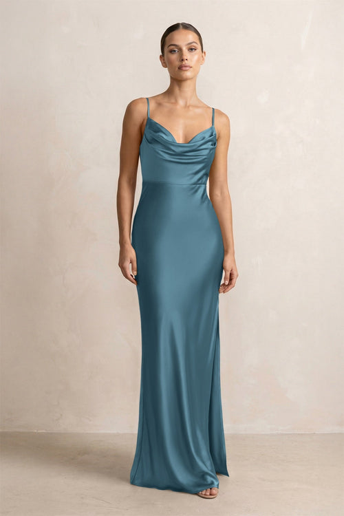 Spaghetti Strap Satin Sheath Bridesmaid Dress in Twilight - KISS BRIDAL Bridesmaid Dresses