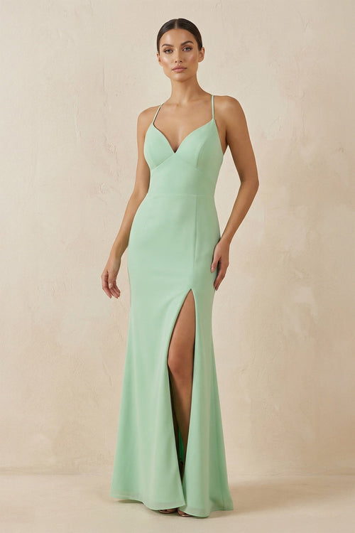 Spaghetti Strap Sheath Chiffon Bridesmaid Dress With Slit - KISS BRIDAL Bridesmaid Dresses