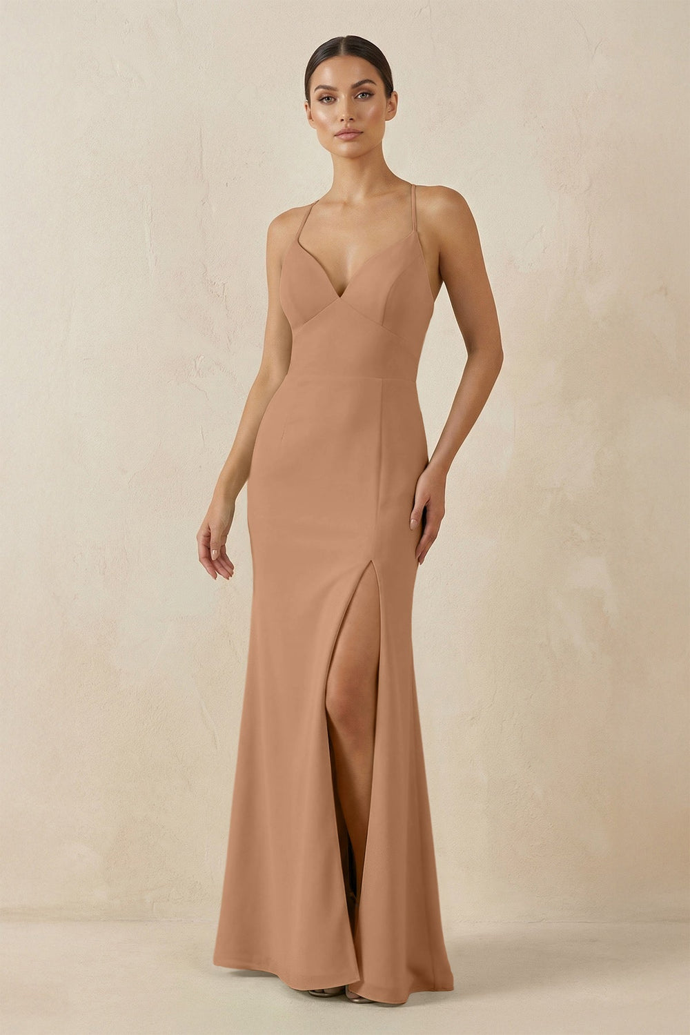 Spaghetti Strap Sheath Chiffon Bridesmaid Dress With Slit in Bronzer