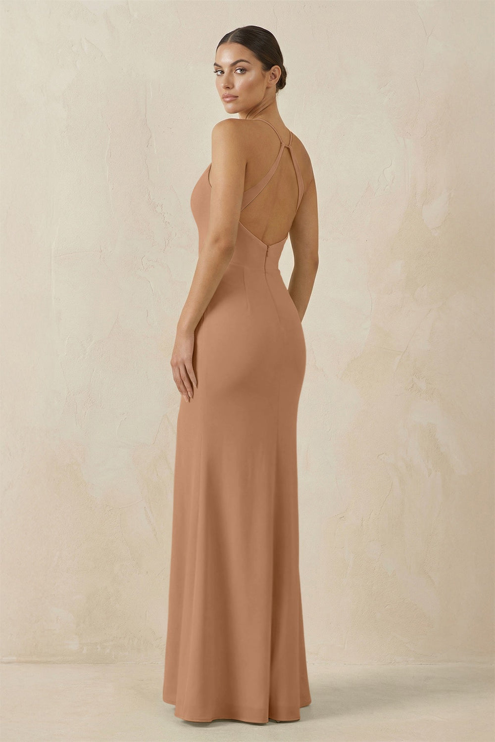 Spaghetti Strap Sheath Chiffon Bridesmaid Dress With Slit in Bronzer
