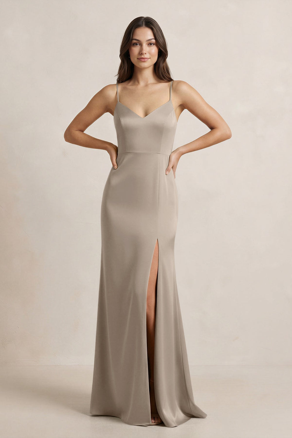 Spaghetti Strap Sheath Satin Bridesmaid Dress in Almond