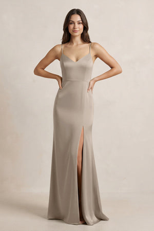 Spaghetti Strap Sheath Satin Bridesmaid Dress in Almond - KISS BRIDAL Bridesmaid Dresses