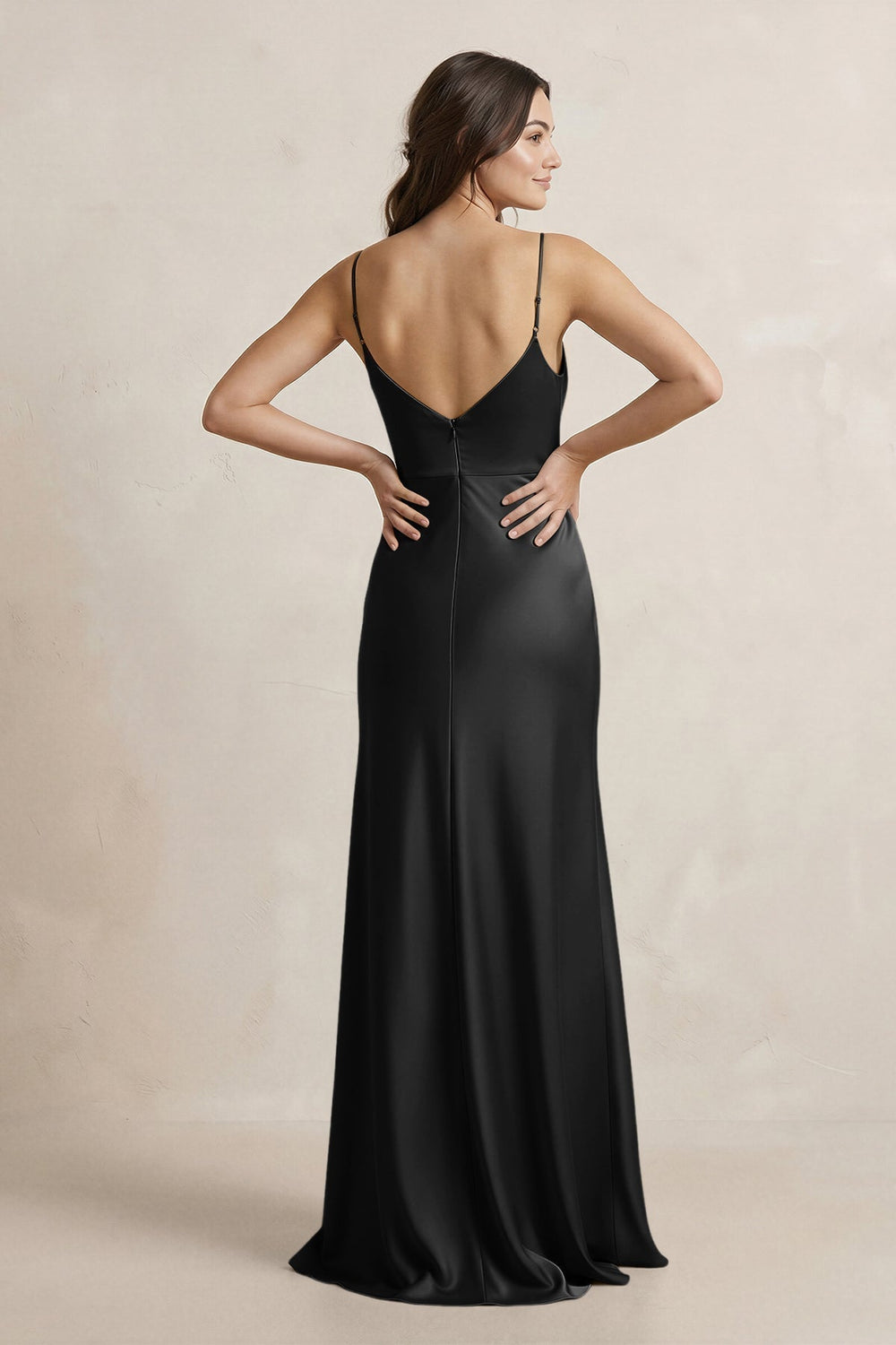 Spaghetti Strap Sheath Satin Bridesmaid Dress in Black