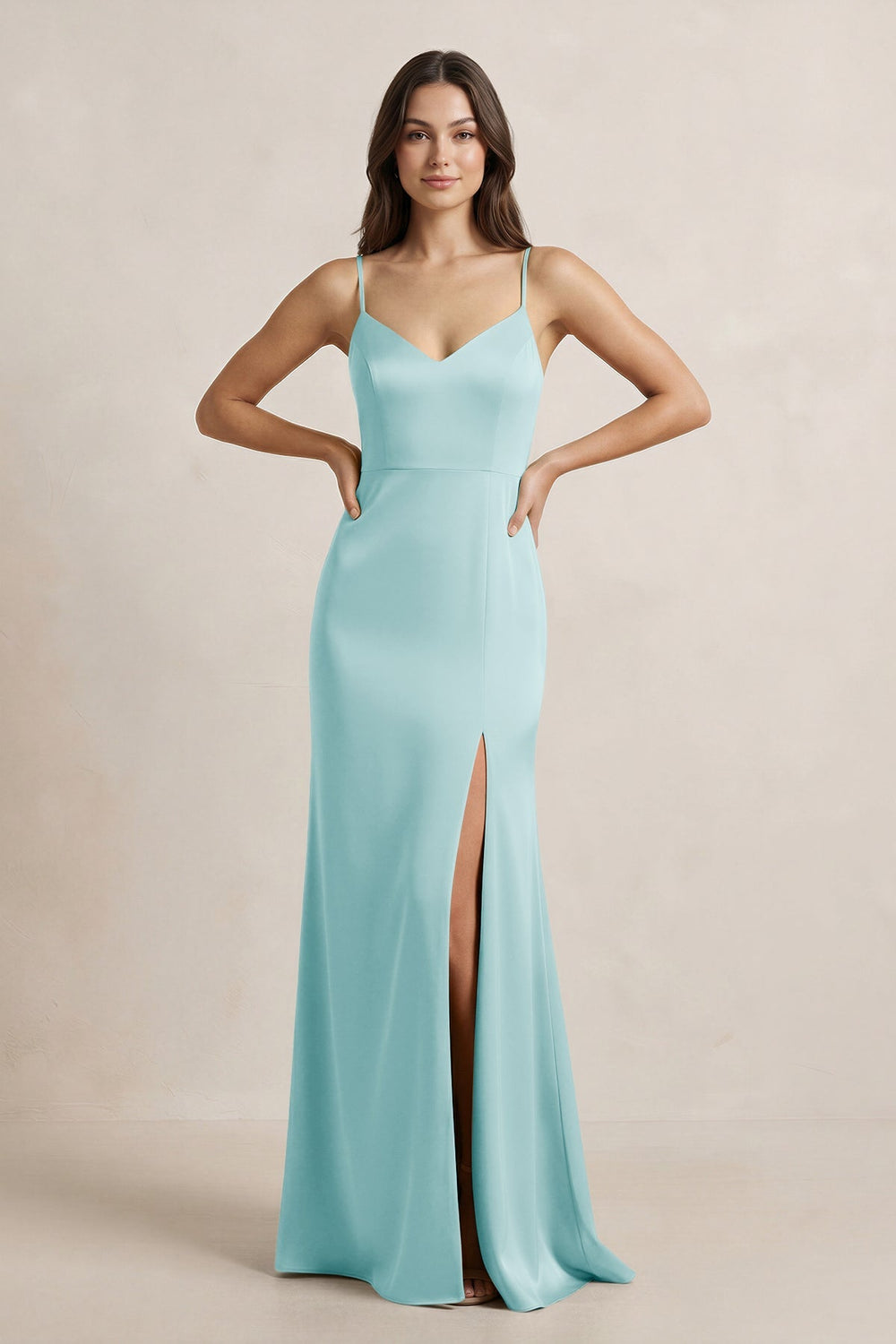 Spaghetti Strap Sheath Satin Bridesmaid Dress in Bleached Aqua