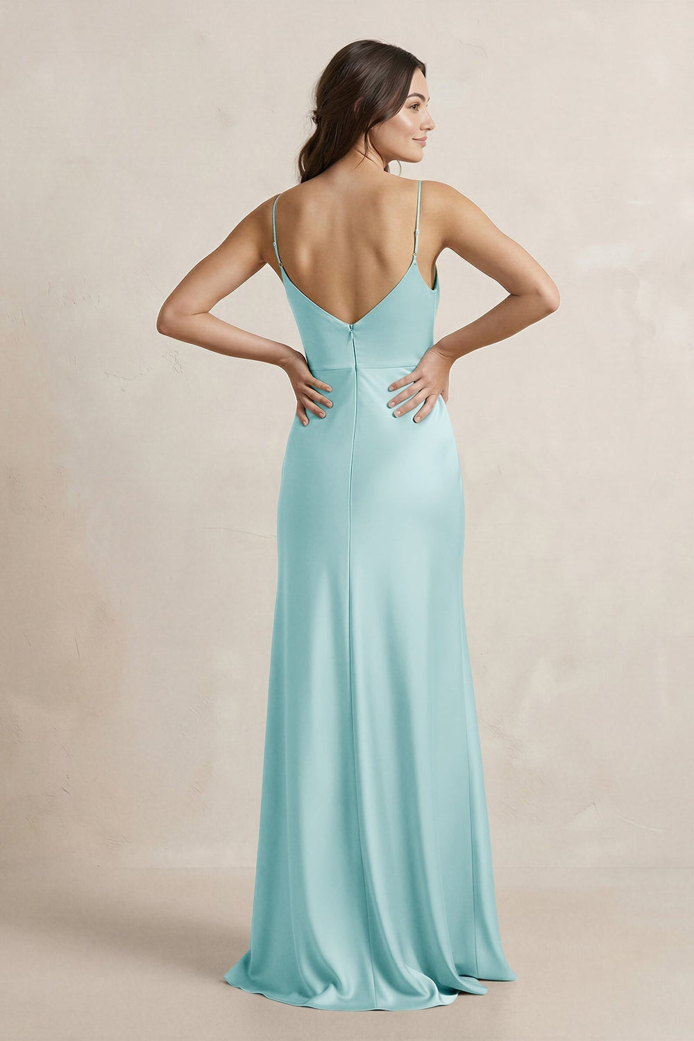 Spaghetti Strap Sheath Satin Bridesmaid Dress in Bleached Aqua