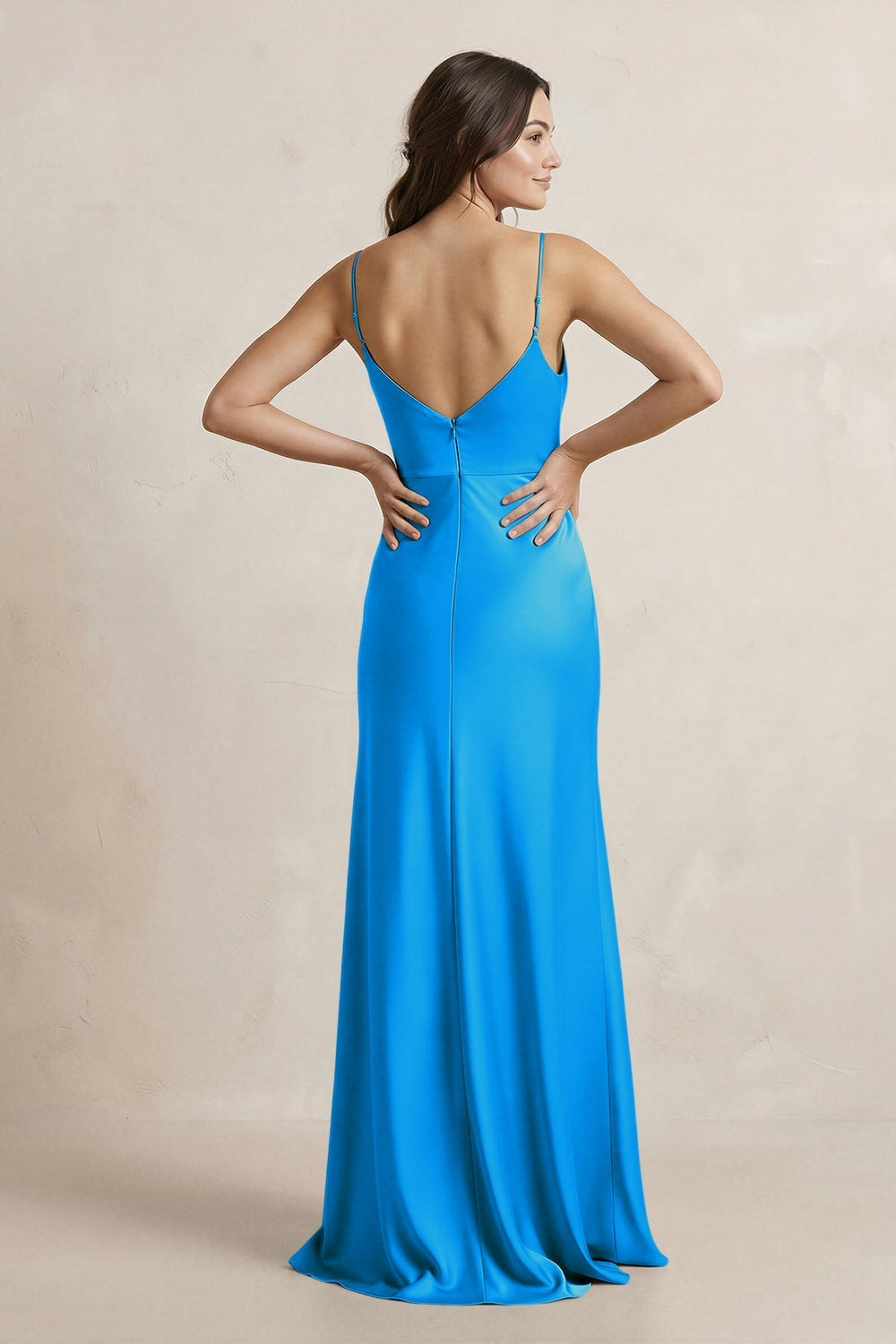 Spaghetti Strap Sheath Satin Bridesmaid Dress in Blue Jay