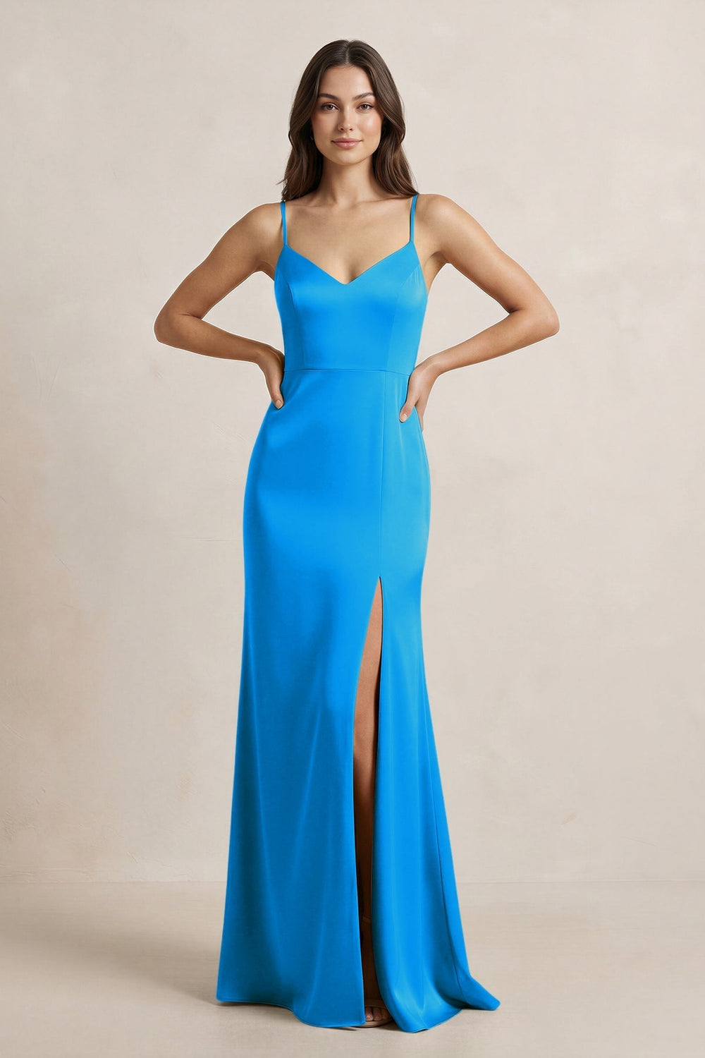 Spaghetti Strap Sheath Satin Bridesmaid Dress in Blue Jay