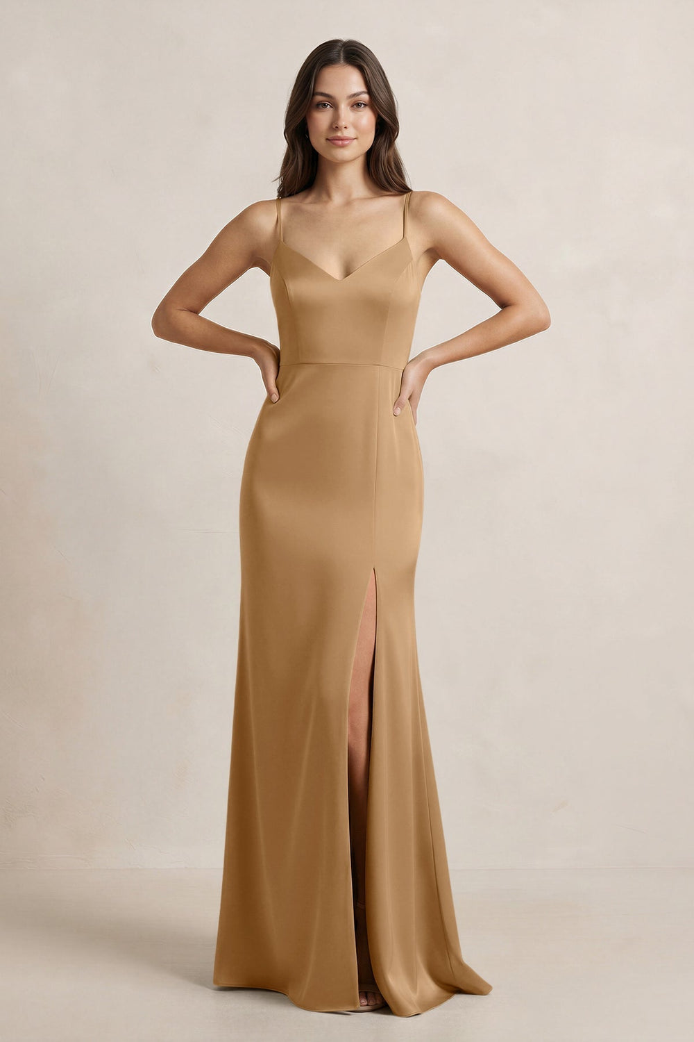 Spaghetti Strap Sheath Satin Bridesmaid Dress in Bronzer