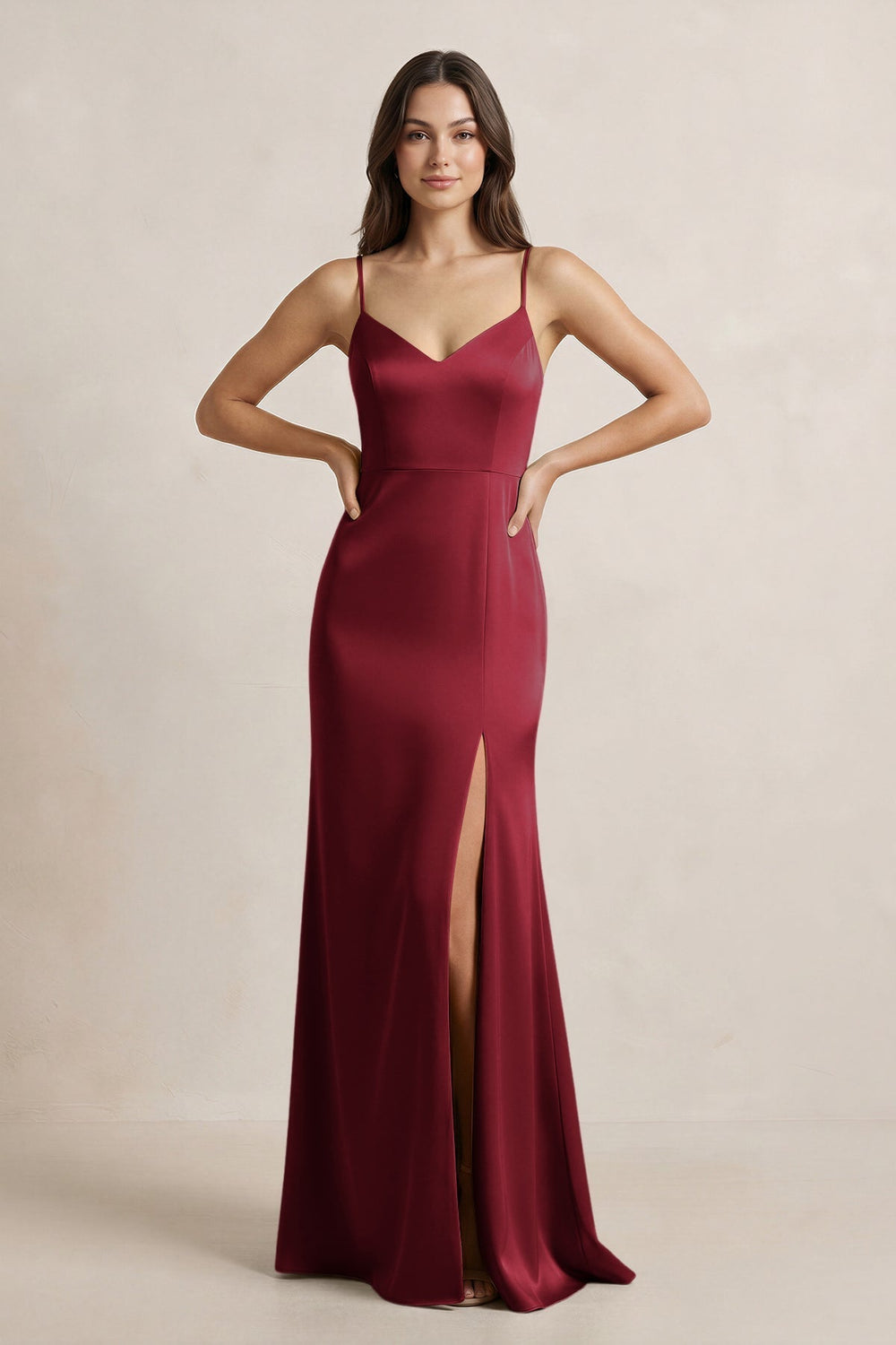 Spaghetti Strap Sheath Satin Bridesmaid Dress in Burgundy