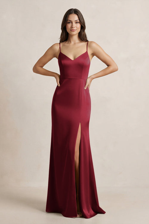 Spaghetti Strap Sheath Satin Bridesmaid Dress in Burgundy - KISS BRIDAL Bridesmaid Dresses