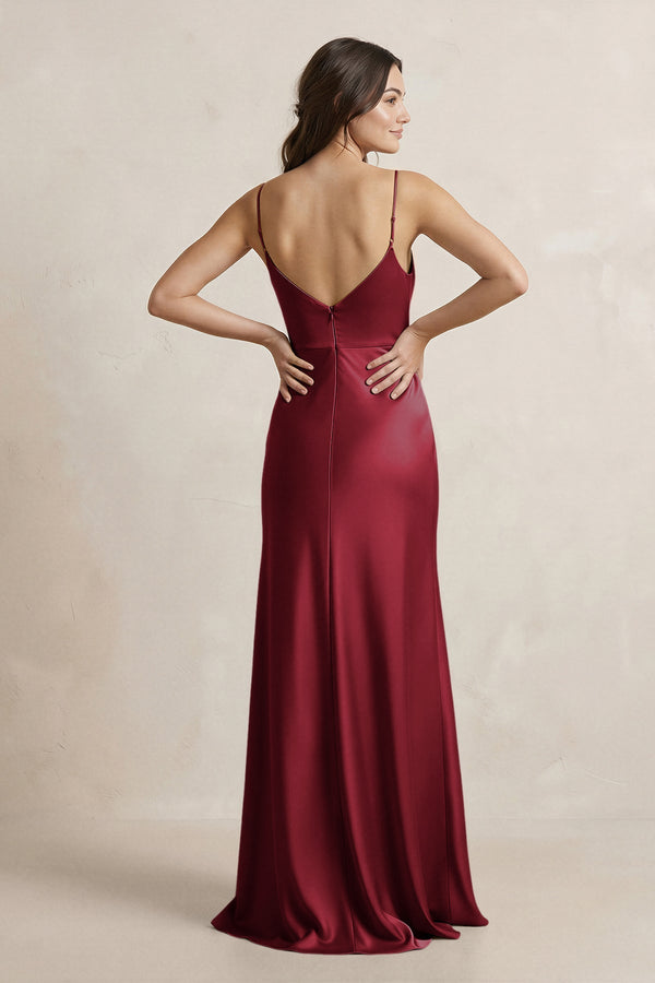 Spaghetti Strap Sheath Satin Bridesmaid Dress in Burgundy - KISS BRIDAL Bridesmaid Dresses