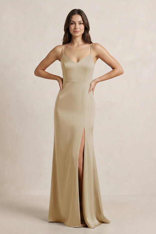 Spaghetti Strap Sheath Satin Bridesmaid Dress in Champagne - KISS BRIDAL Bridesmaid Dresses