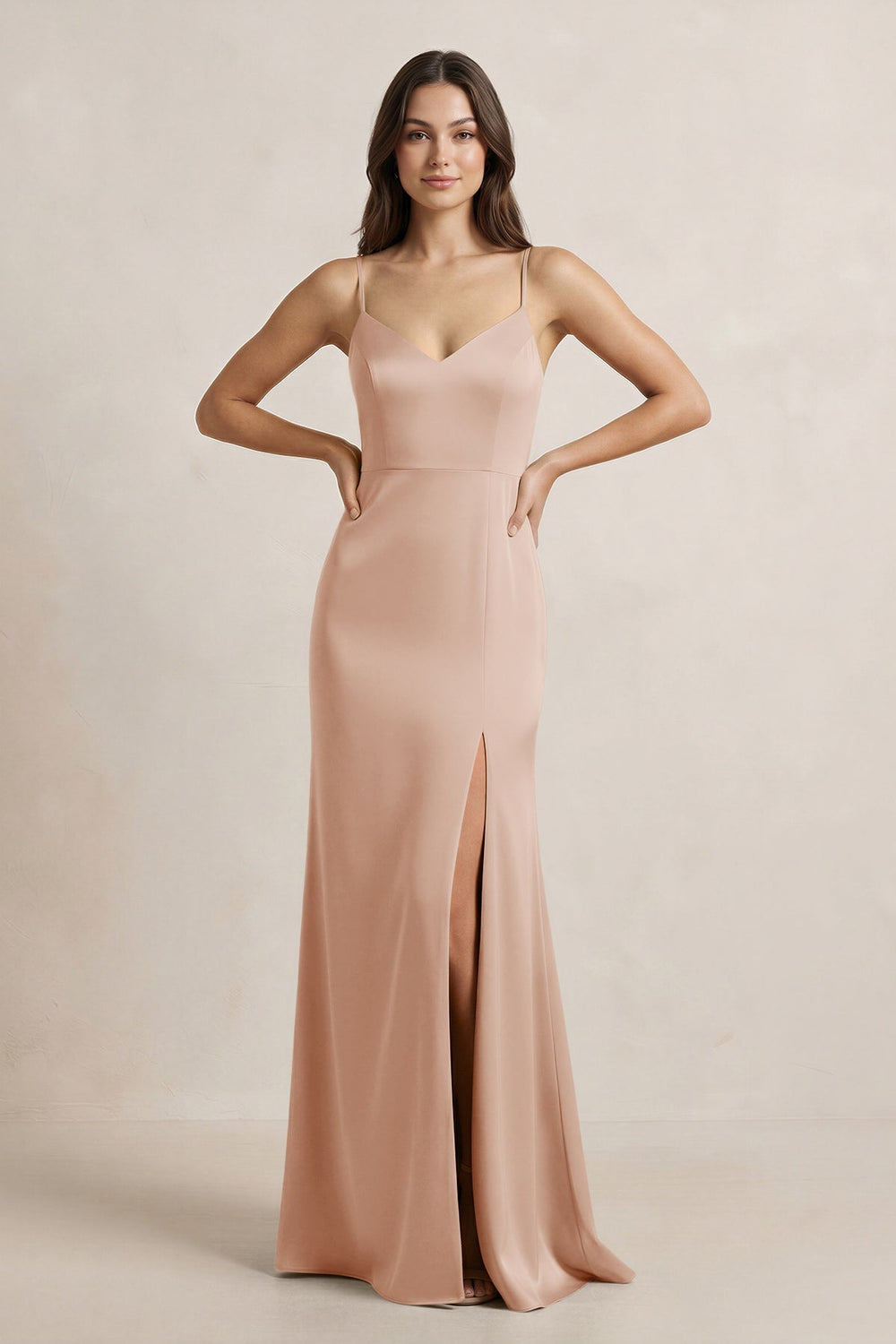 Spaghetti Strap Sheath Satin Bridesmaid Dress in Champagne Rose