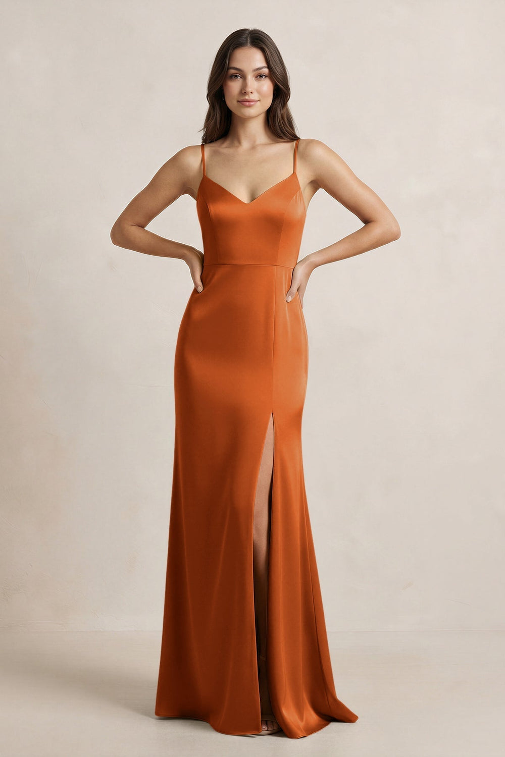 Spaghetti Strap Sheath Satin Bridesmaid Dress in Cinnamon