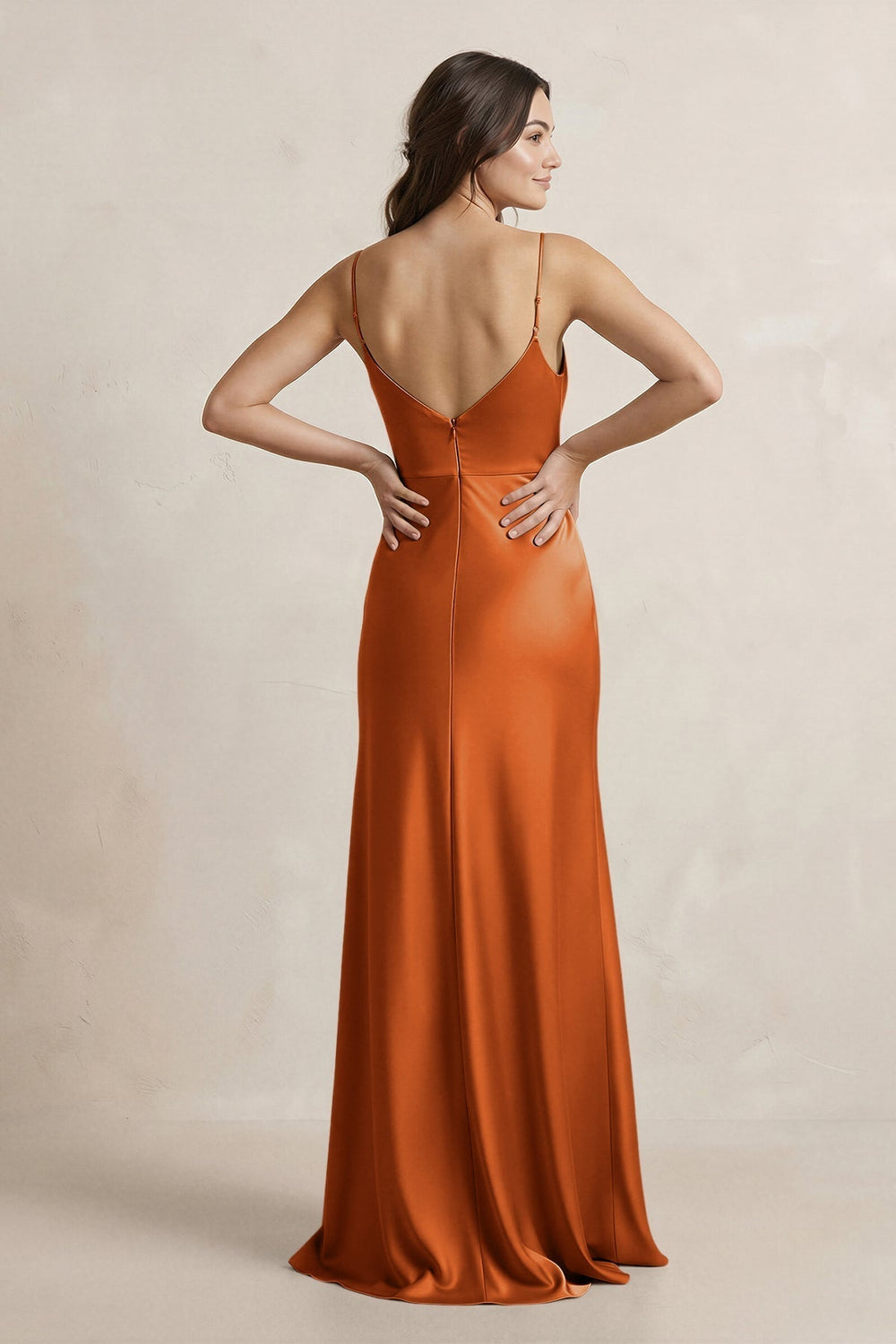 Spaghetti Strap Sheath Satin Bridesmaid Dress in Cinnamon