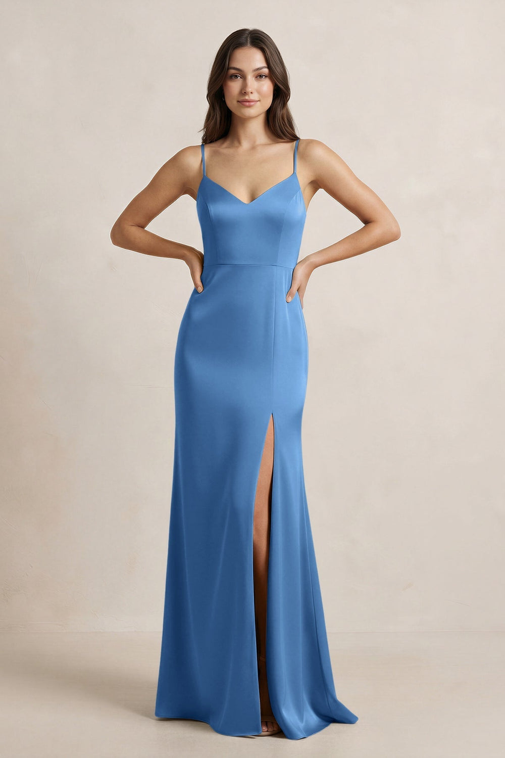 Spaghetti Strap Sheath Satin Bridesmaid Dress in Dusty Blue