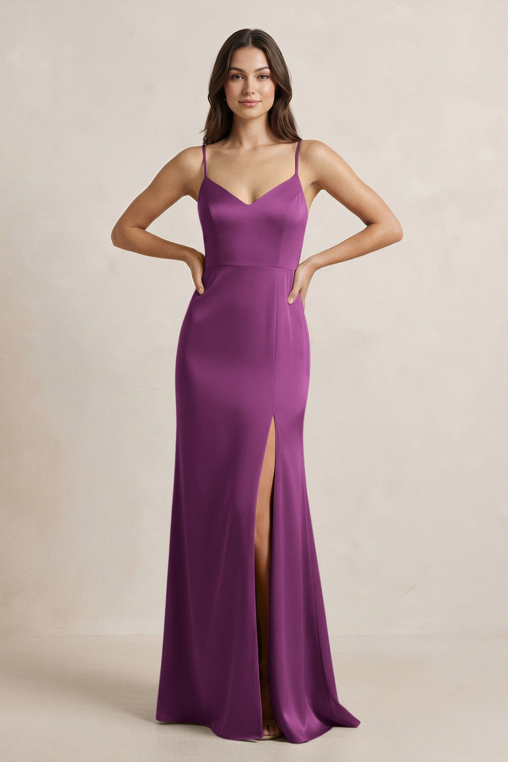 Spaghetti Strap Sheath Satin Bridesmaid Dress in Fig