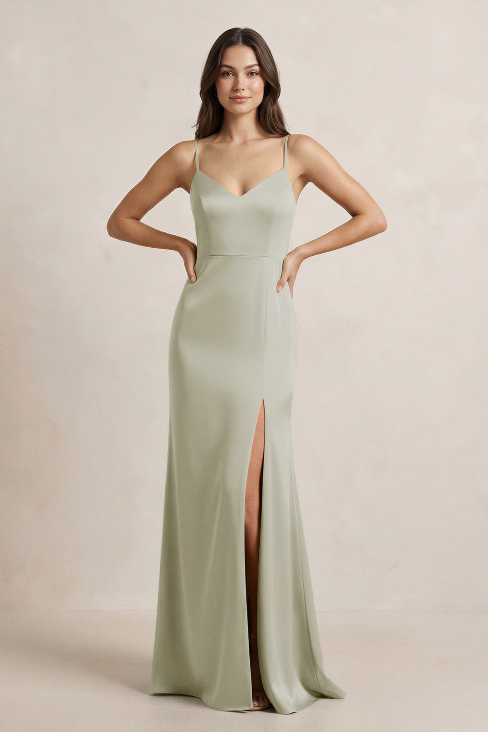 Spaghetti Strap Sheath Satin Bridesmaid Dress in Frost