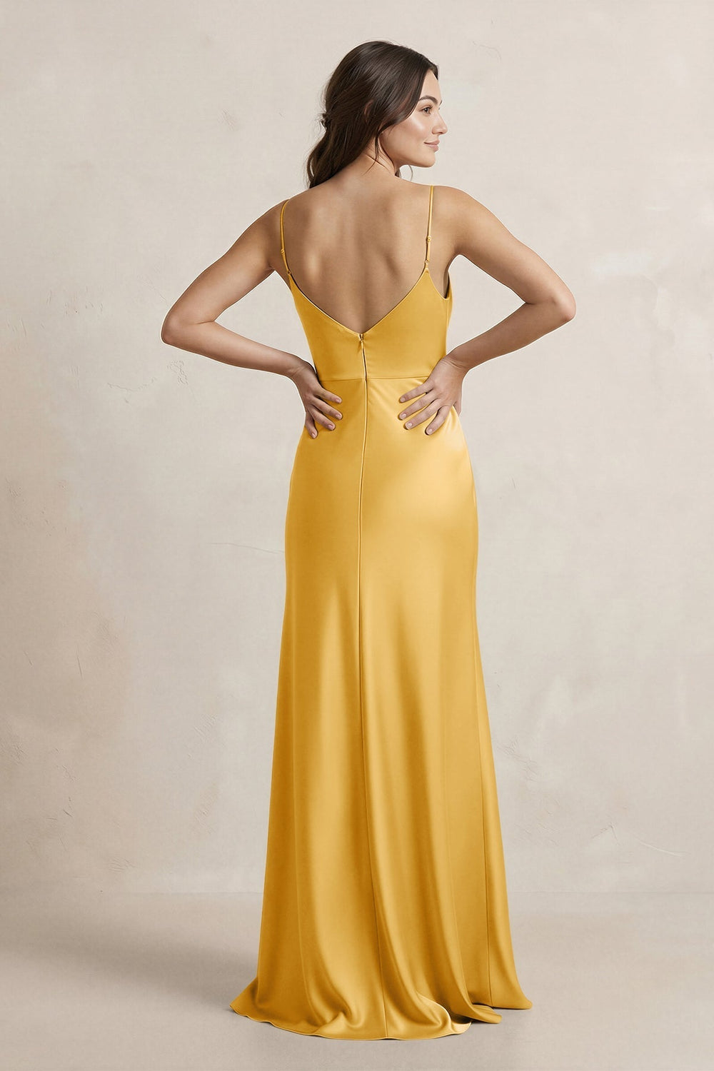 Spaghetti Strap Sheath Satin Bridesmaid Dress in Gold