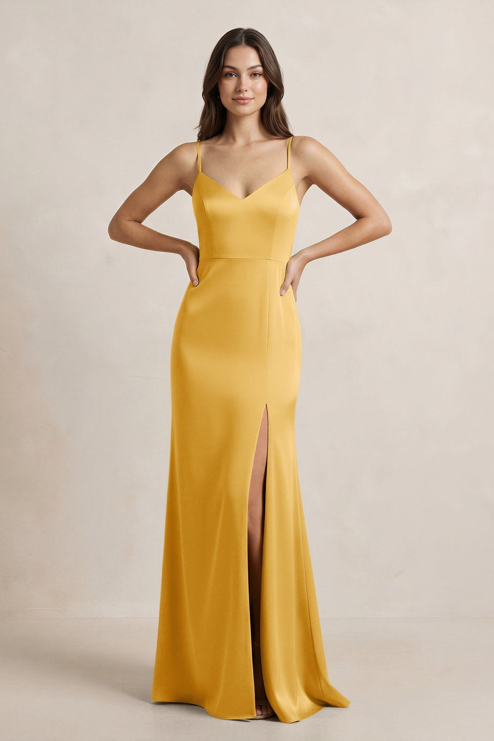 Spaghetti Strap Sheath Satin Bridesmaid Dress in Gold
