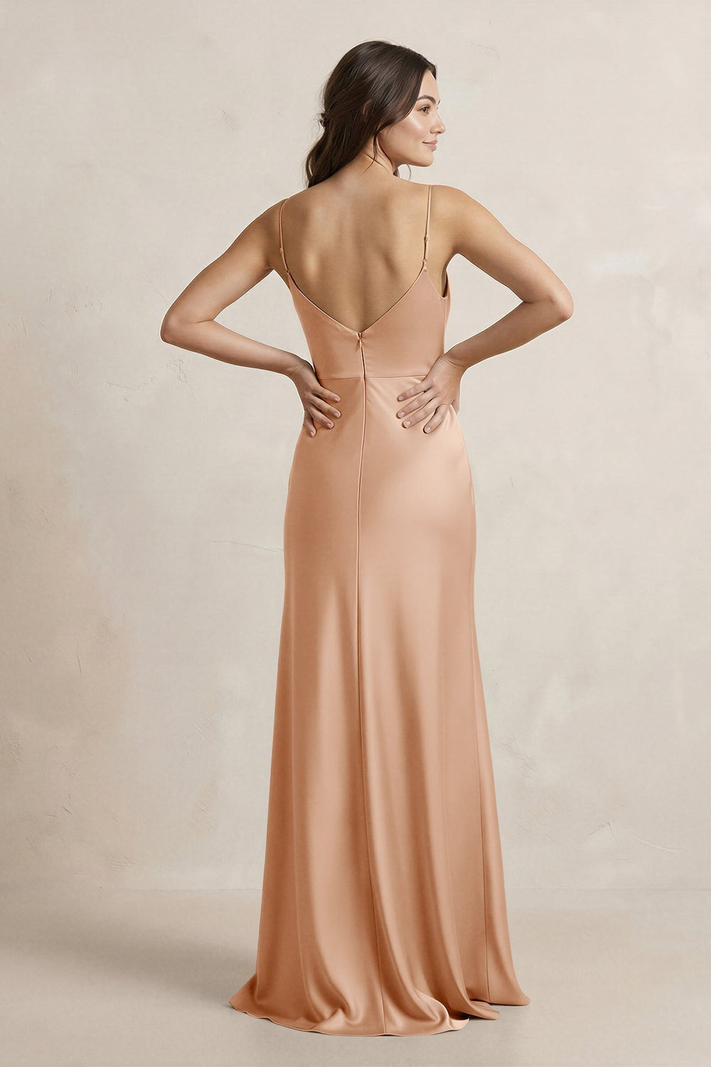 Spaghetti Strap Sheath Satin Bridesmaid Dress in Golden Champagne